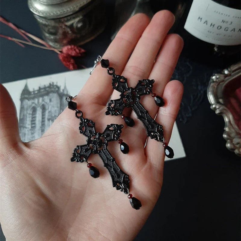 Gothic Black Cross Earrings - Image 2