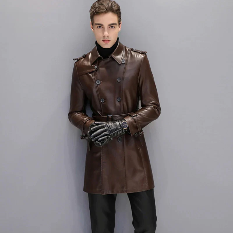 Men's Leather Trench Coat Black - Image 2