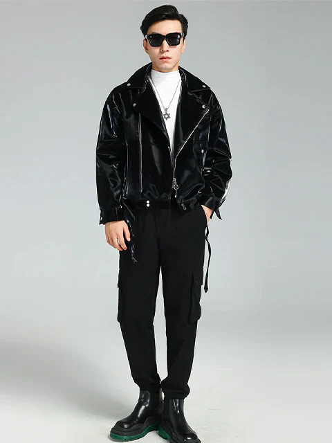 Men's Shiny Leather Jacket Black - Image 2