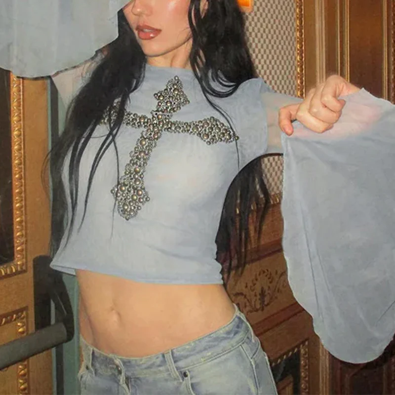 Mesh Flared Crop Top - Image 2