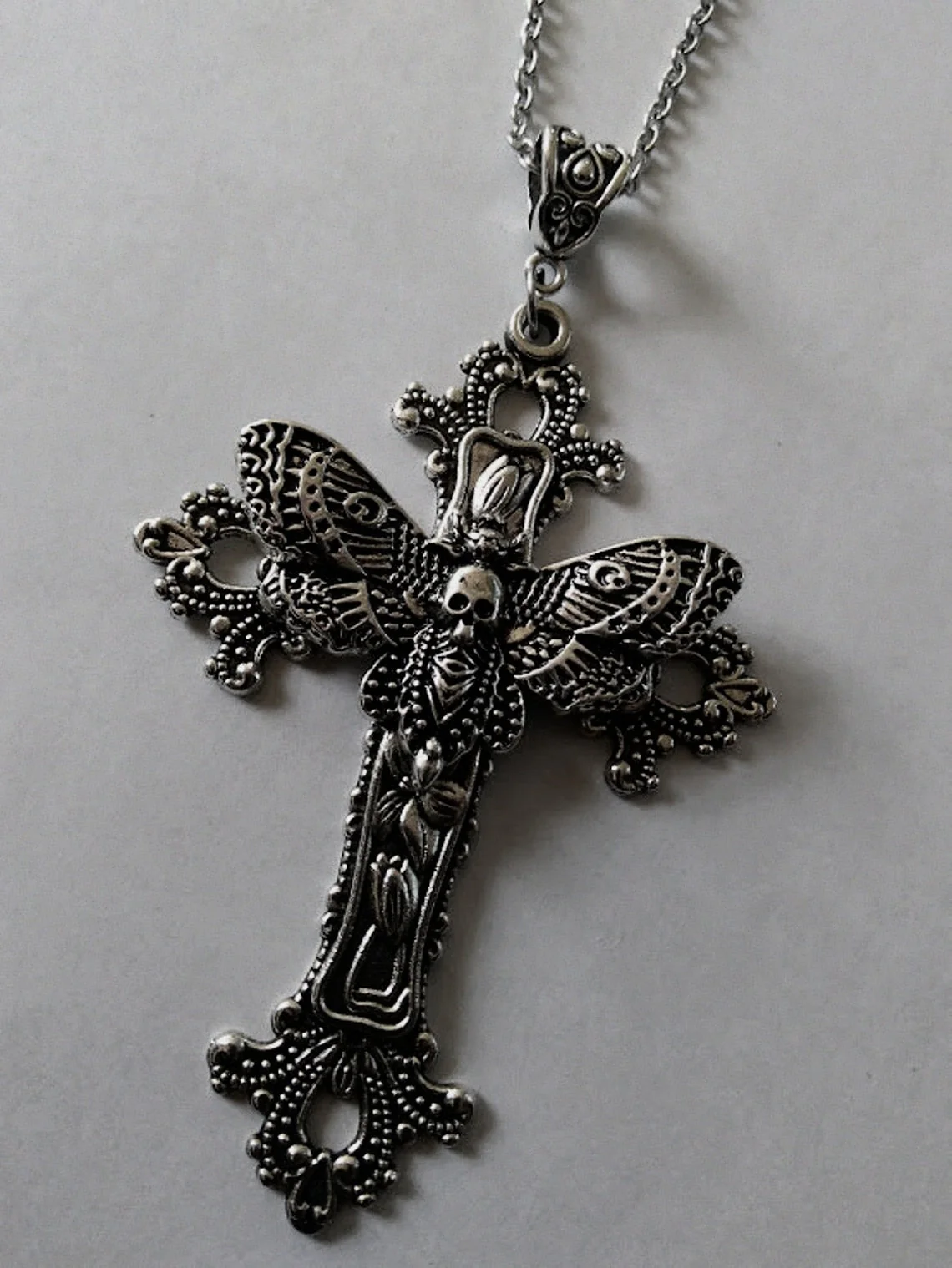 Skull Moth Cross Necklace - Image 2