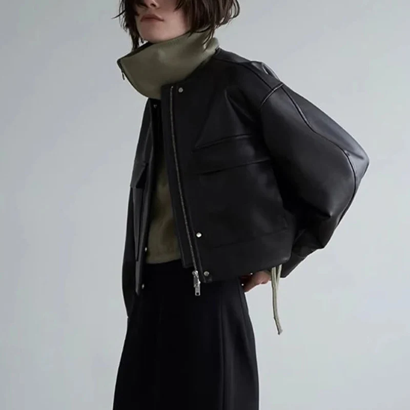 Women's Cropped Leather Jacket - Image 2