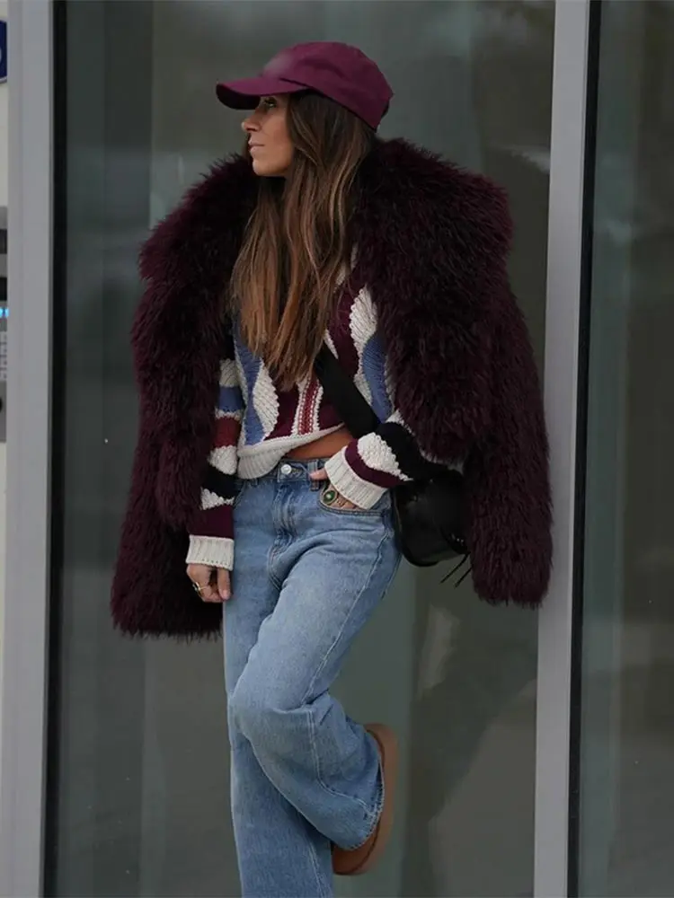 Women's Faux Fur Coat Burgundy - Image 3