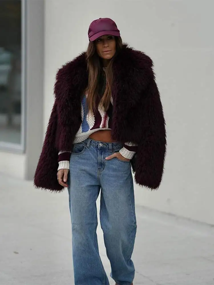 Women's Faux Fur Coat Burgundy - Image 2