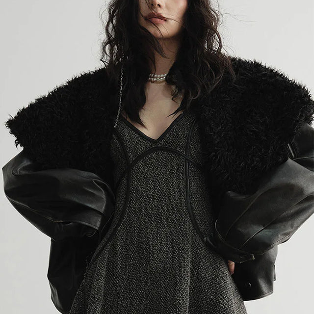 Women's Faux Fur Leather Jacket Black - Image 3