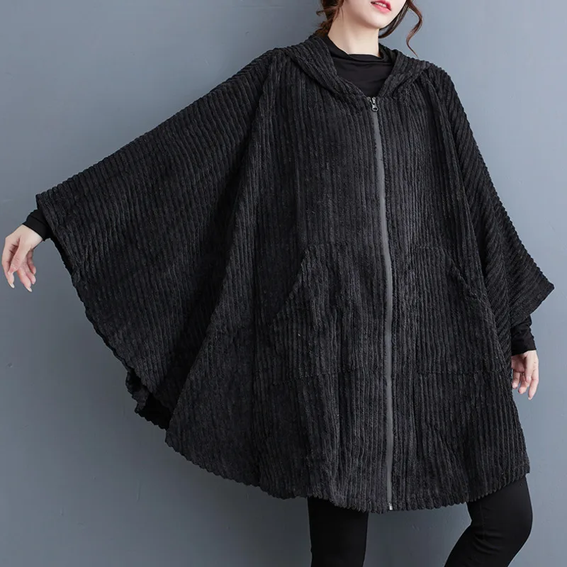 Women's Hooded Zipper Cape Black - Image 2