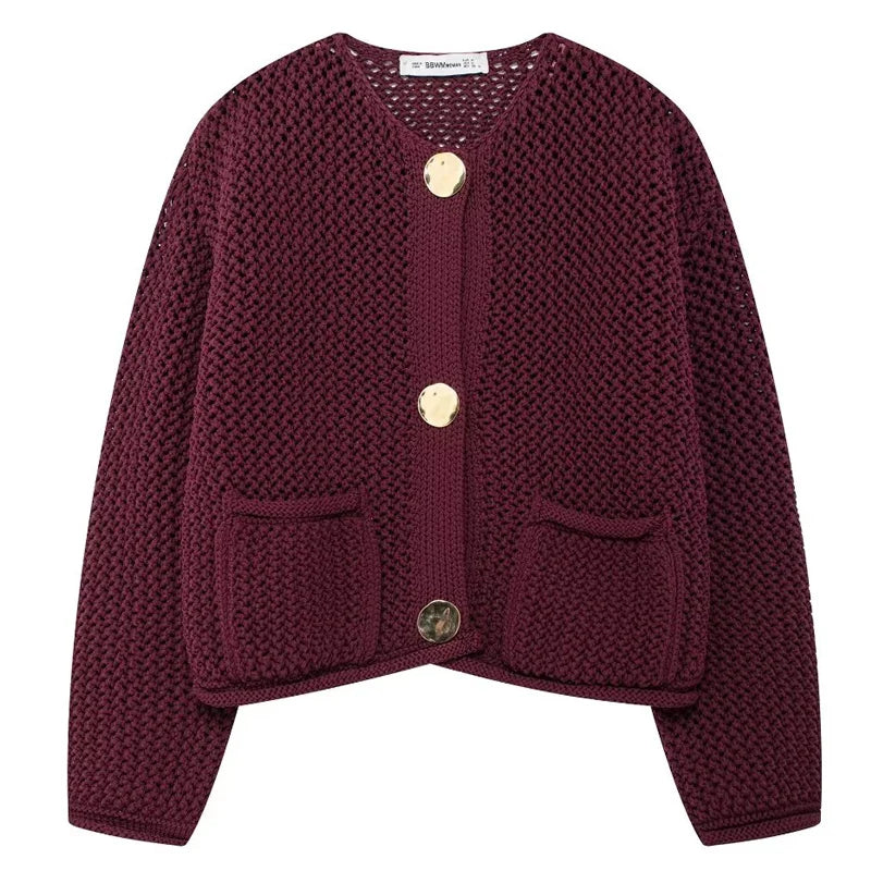 Women's Knitted Cardigan Burgundy - Image 2