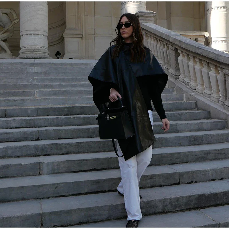 Women's Leather Cloak Jacket Black - Image 2