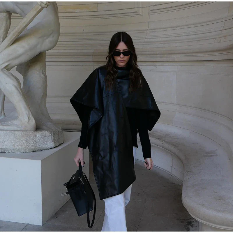 Women's Leather Cloak Jacket Black - Image 3