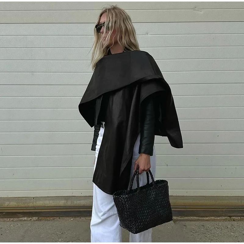 Women's Leather Cloak Jacket Black - Image 4