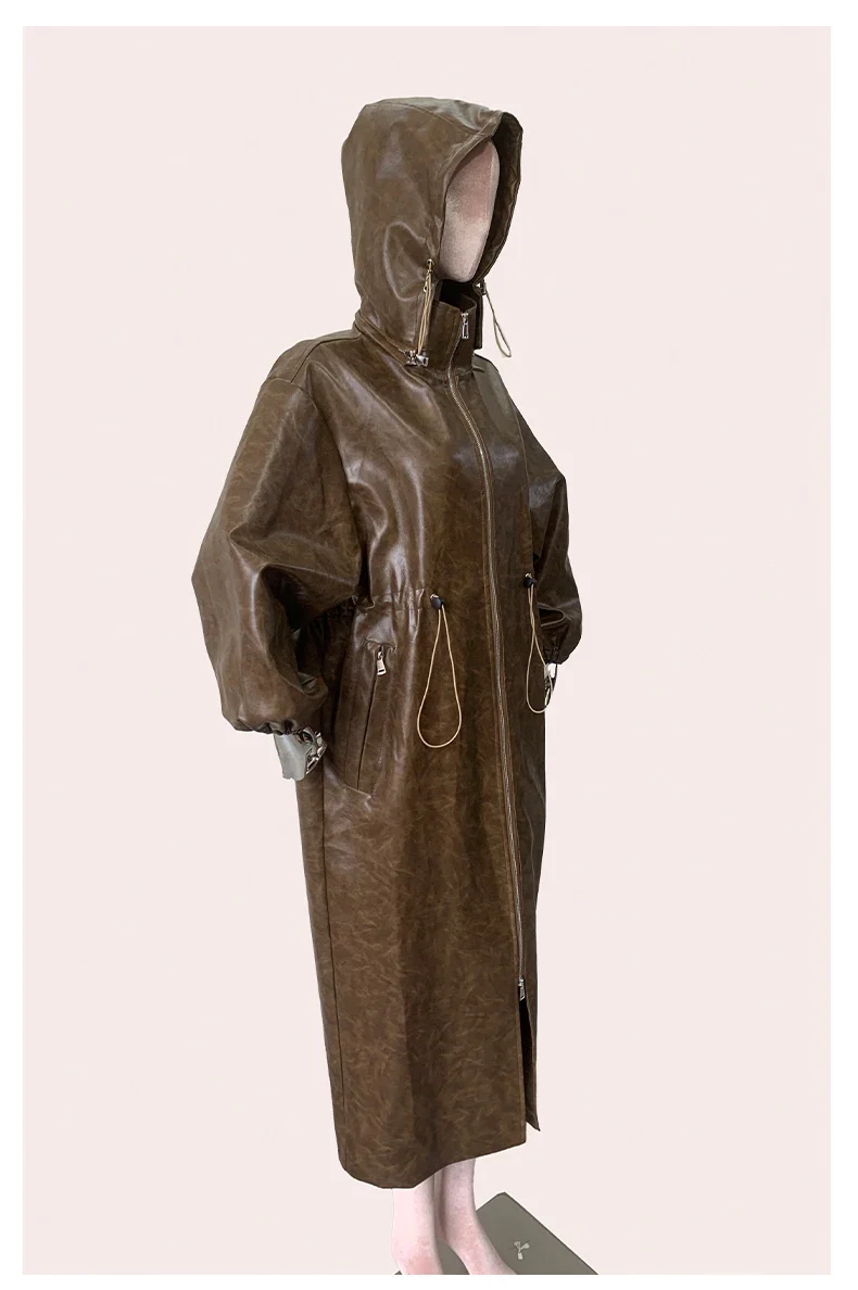 Women's Leather Coat Brown - Image 3