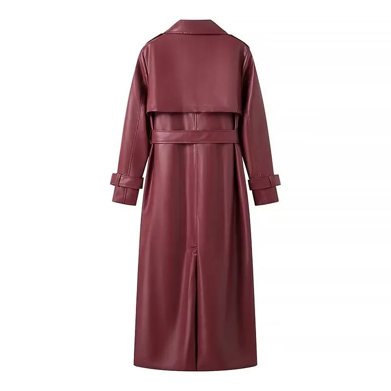 Women's Leather Trench Coat Burgundy - Image 2