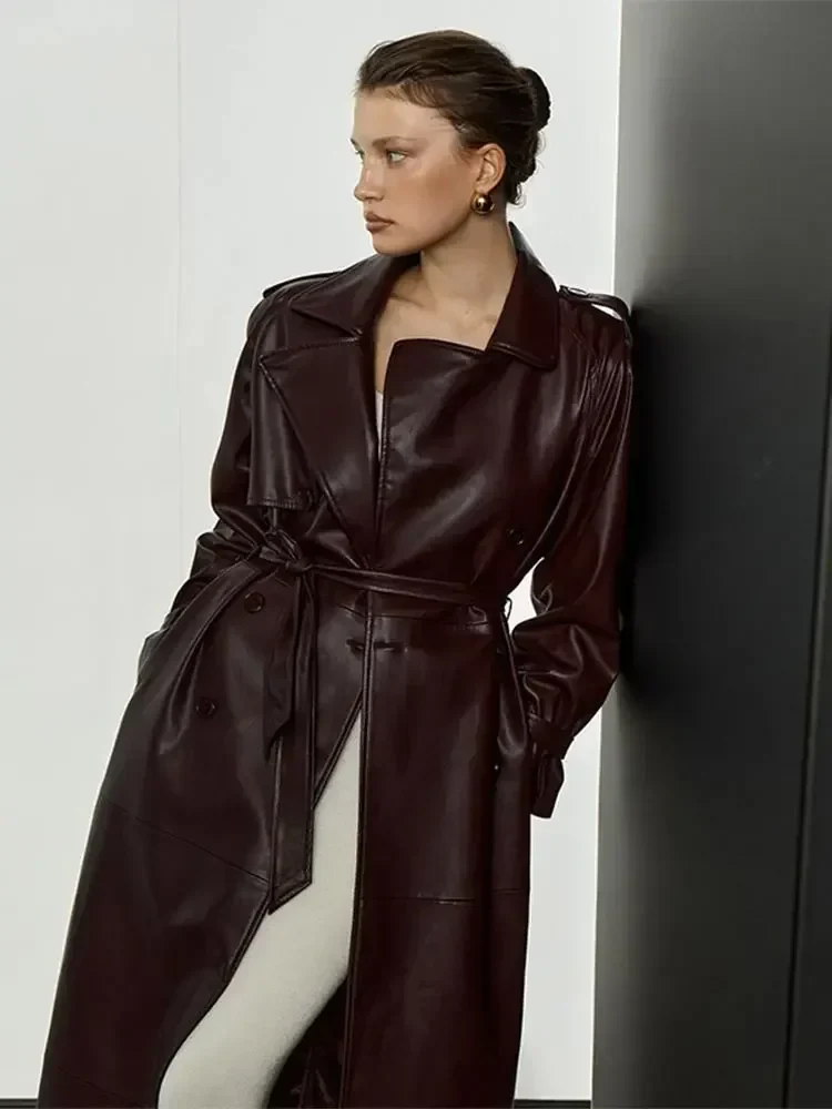 Women's Leather Vintage Coat Burgundy - Image 2