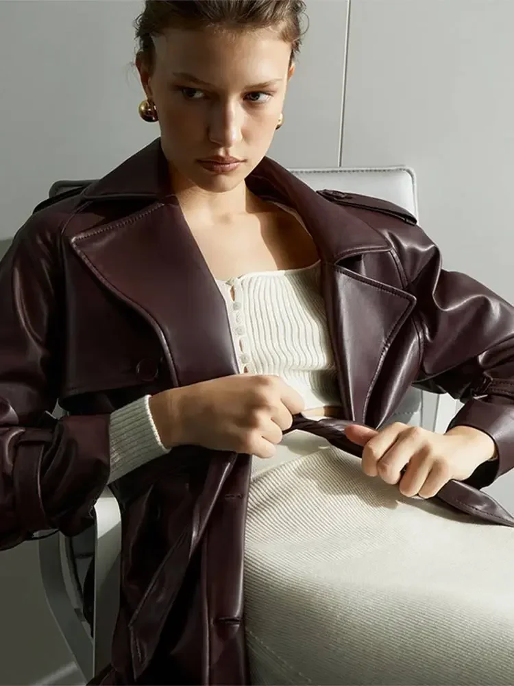 Women's Leather Vintage Coat Burgundy - Image 3