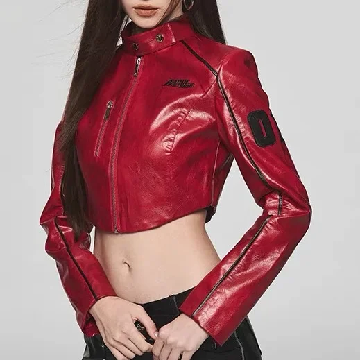 Women's Motorcycle Leather Jacket Red - Image 2
