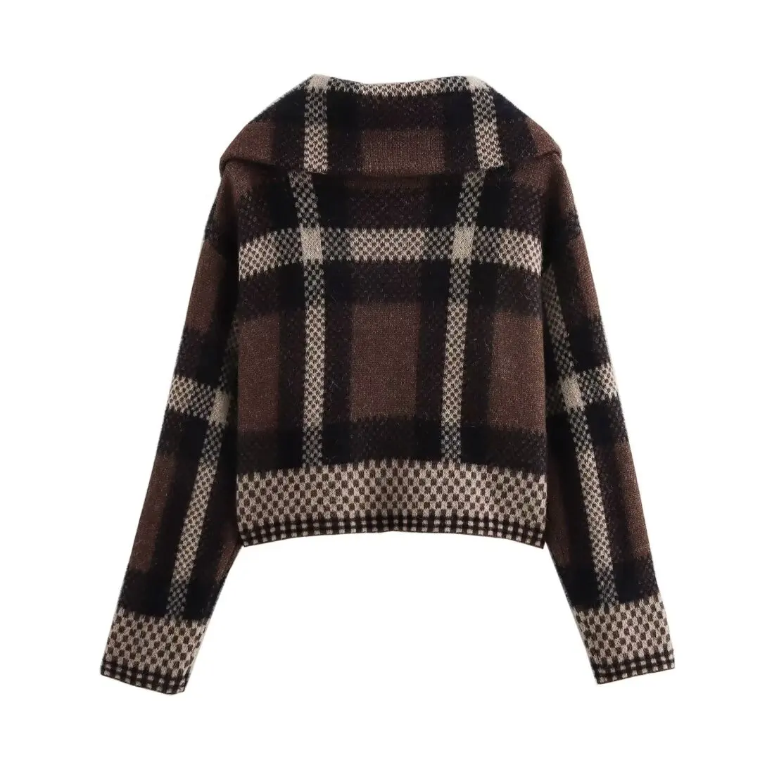 Women's Plaid Knitted Cardigan Brown - Image 2
