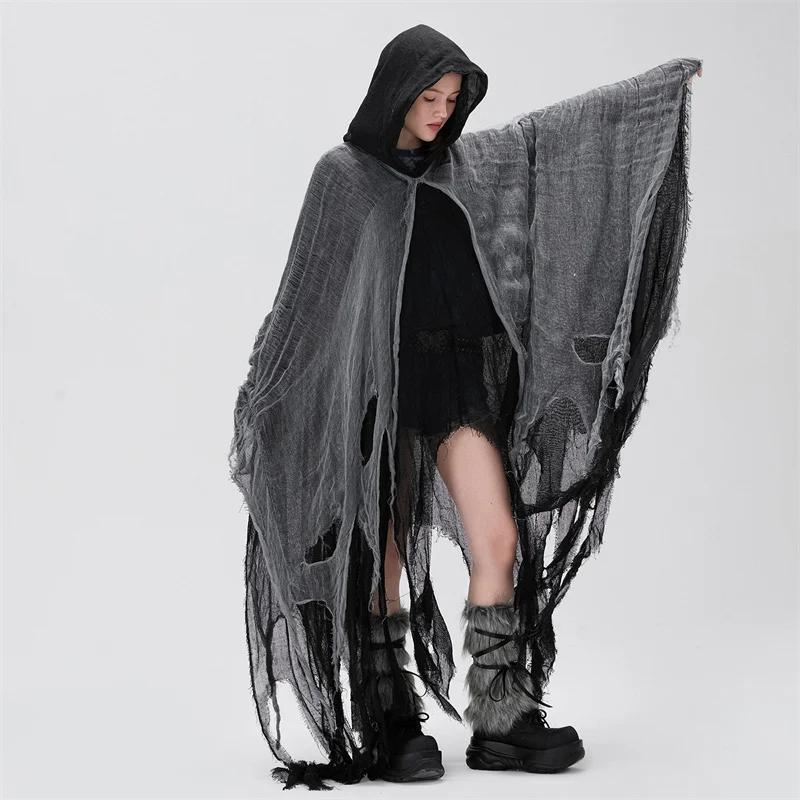 Women's Ripped Hooded Cape Black - Image 2
