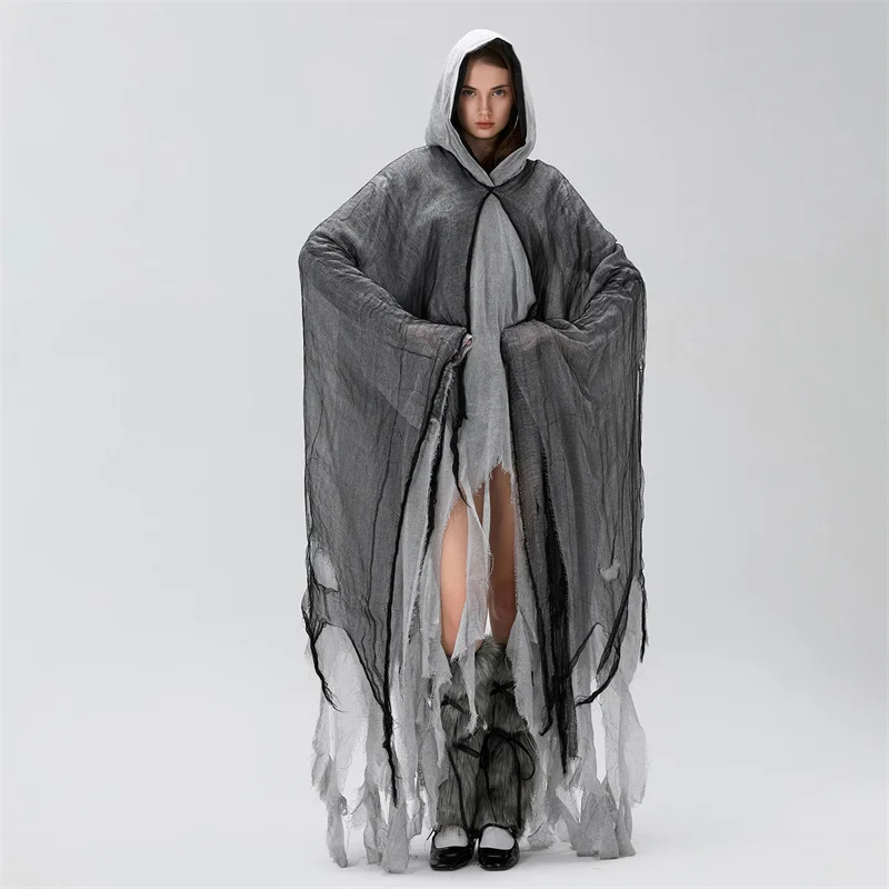 Women's Ripped Hooded Cape Black - Image 3