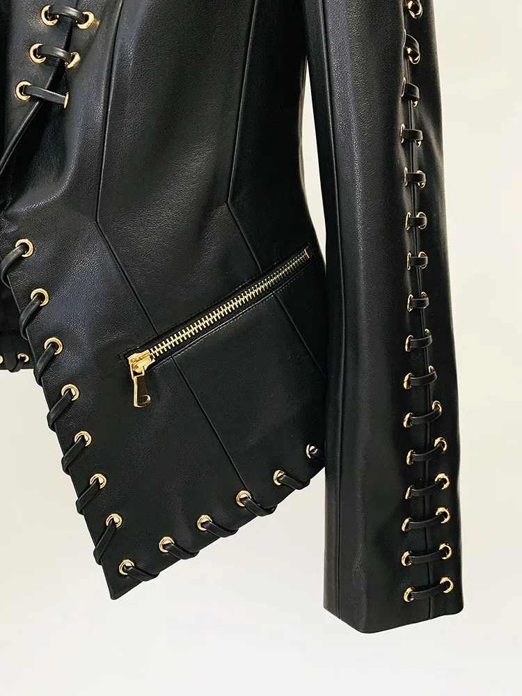 Women's Rope Lacing Leather Jacket - Image 5