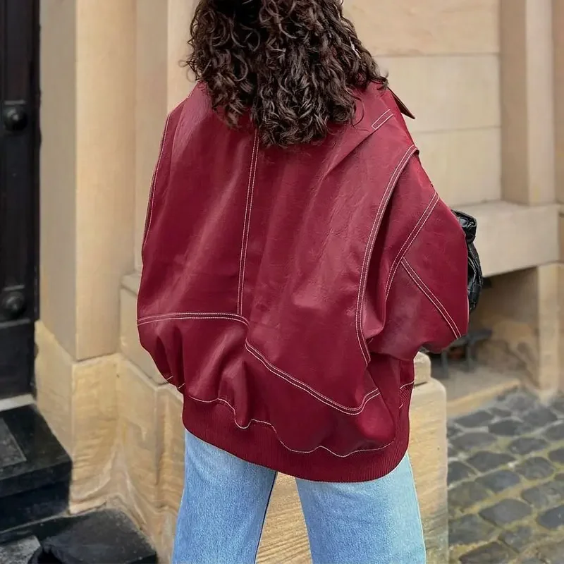 Women's Vintage Leather Jacket Red - Image 3
