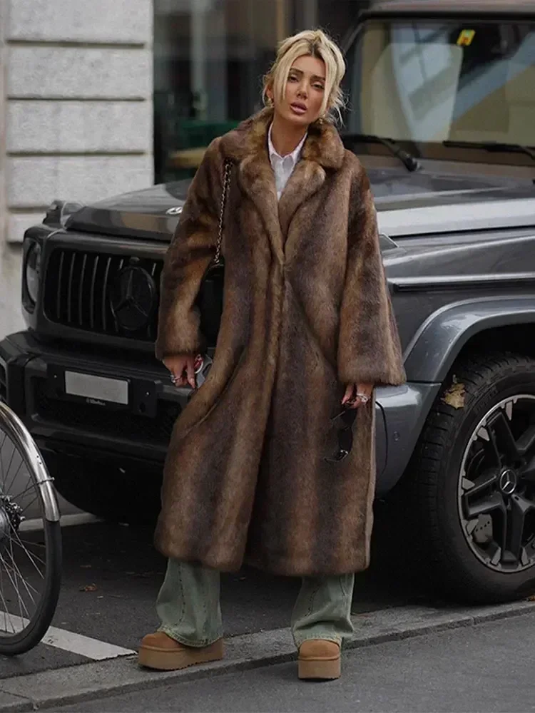 Women's Winter Fur Coat Brown - Image 3